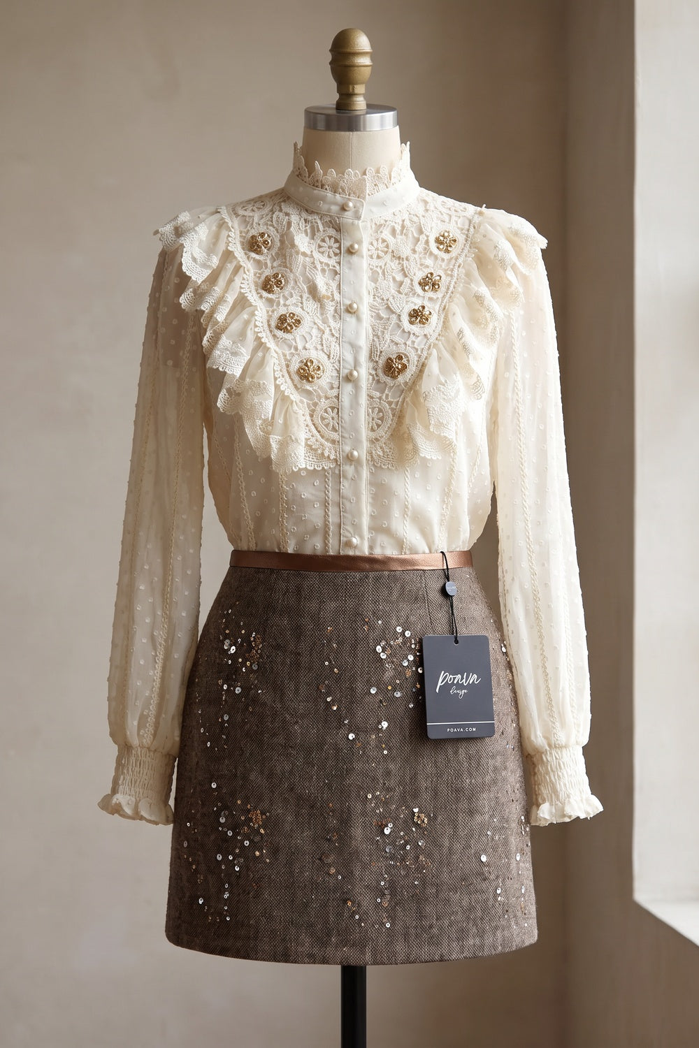 Off-White Dotted Swiss Blouse & Brown Tweed Sequin Mini Skirt Two-Piece Set Off-white, Medium brown Sheer dotted swiss chiffon (blouse); textured wool-blend tweed (skirt) Two-piece set (blouse and mini skirt) - product view 2
