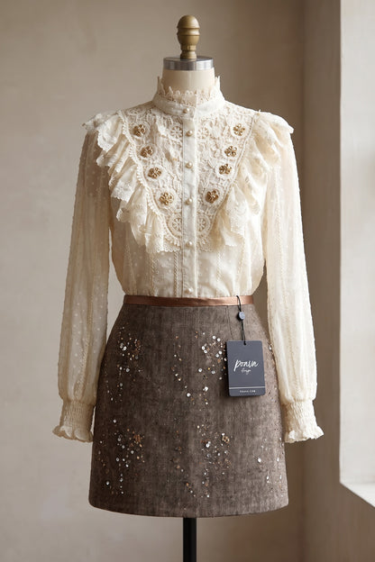 Off-White Dotted Swiss Blouse & Brown Tweed Sequin Mini Skirt Two-Piece Set Off-white, Medium brown Sheer dotted swiss chiffon (blouse); textured wool-blend tweed (skirt) Two-piece set (blouse and mini skirt) - product view 2