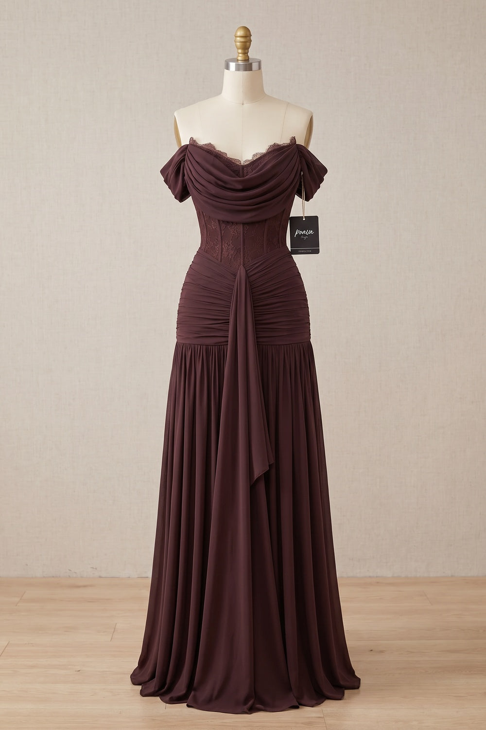 Chocolate Brown Chiffon Mesh Fitted Drop-Waist Gown chocolate brown chiffon mesh gown - product view 2