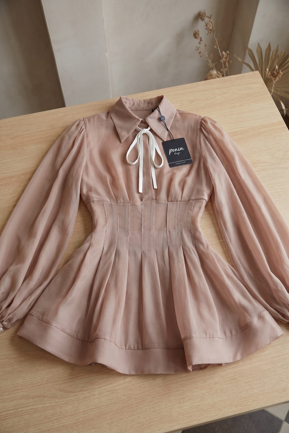 Dusty Rose Chiffon Mini Dress with Puffed Sleeves and Contrast Ribbon Tie Premium Fabric - product view 5