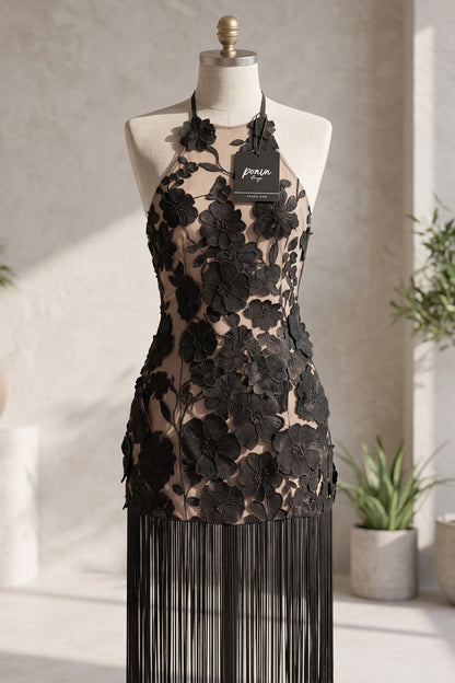 Black Floral Lace Applique Mesh Fitted Halter Mini Dress with Floor-Length Fringe black floral lace applique mesh dress - product view 2