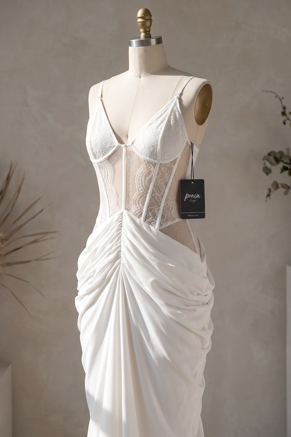 White Crepe Maxi Dress with Corset Lace Bodice and Draped Skirt white crepe maxi dress - product view 2