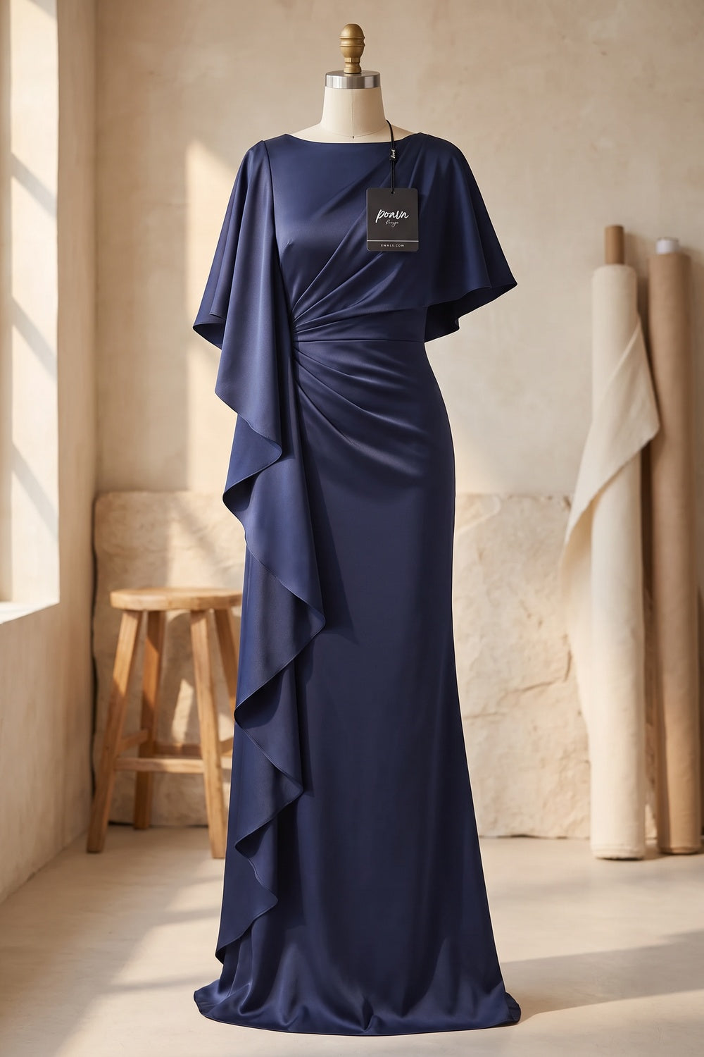 Navy Blue Satin Column Evening Gown with Asymmetrical Drape navy blue satin evening gown - product view 2