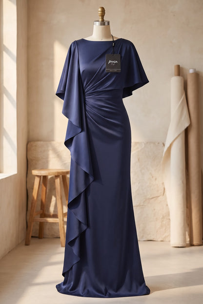 Navy Blue Satin Column Evening Gown with Asymmetrical Drape navy blue satin evening gown - product view 2