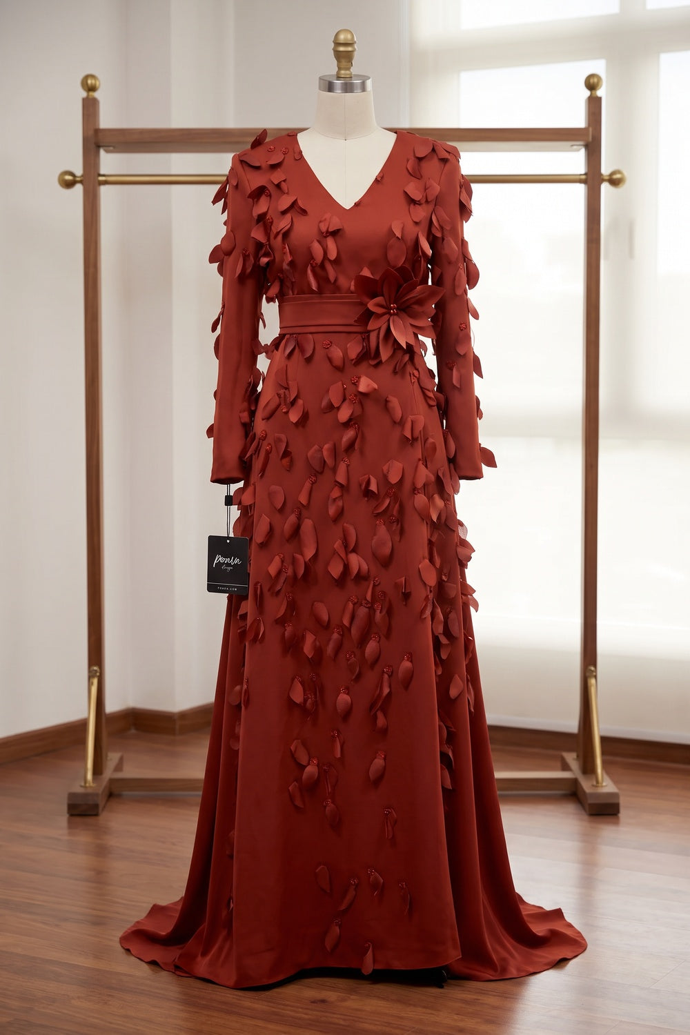 Rust Red Satin-Crepe A-Line Evening Gown with 3D Leaf Appliqués rust red satin-crepe evening gown - product view 2