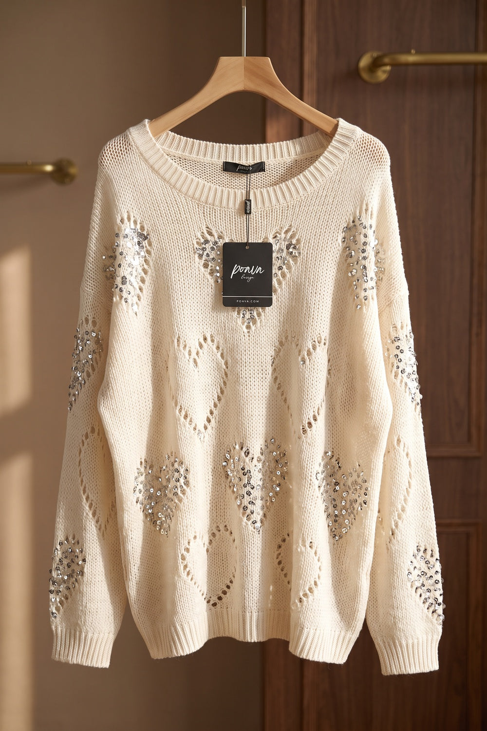 Cream Open-Work Knit Oversized Sweater with Silver Heart Embellishments cream, off-white open-work knit yarn sweater - product view 2