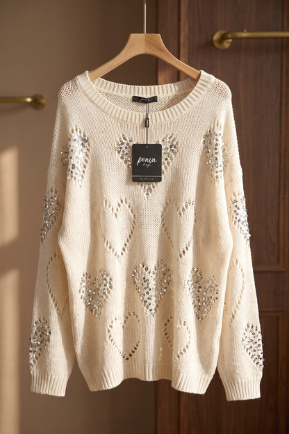 Cream Open-Work Knit Oversized Sweater with Silver Heart Embellishments cream, off-white open-work knit yarn sweater - product view 2
