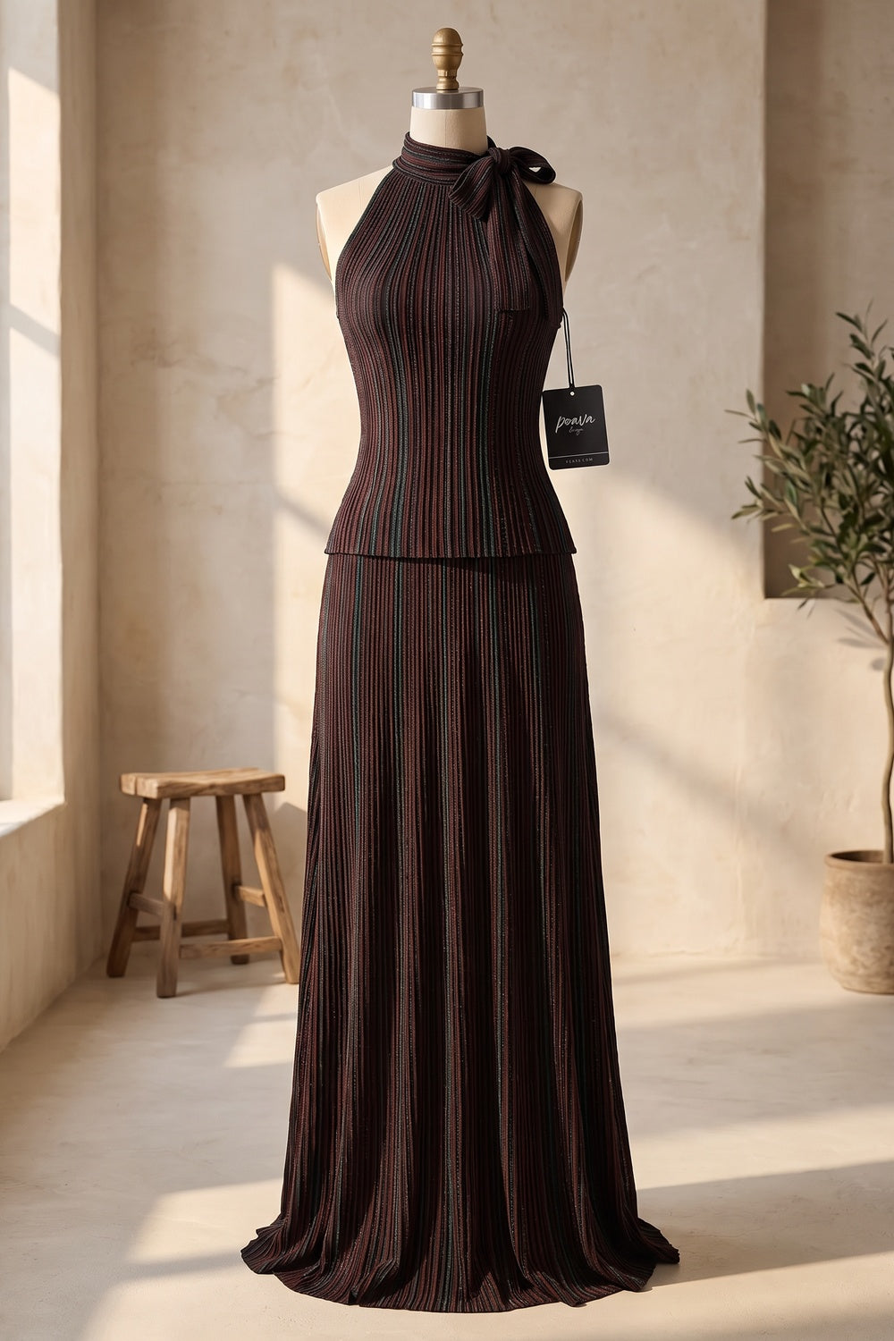 Dark Brown Plissé Pleated Knit Two-Piece Set dark brown plissé pleated knit two-piece set - product view 2