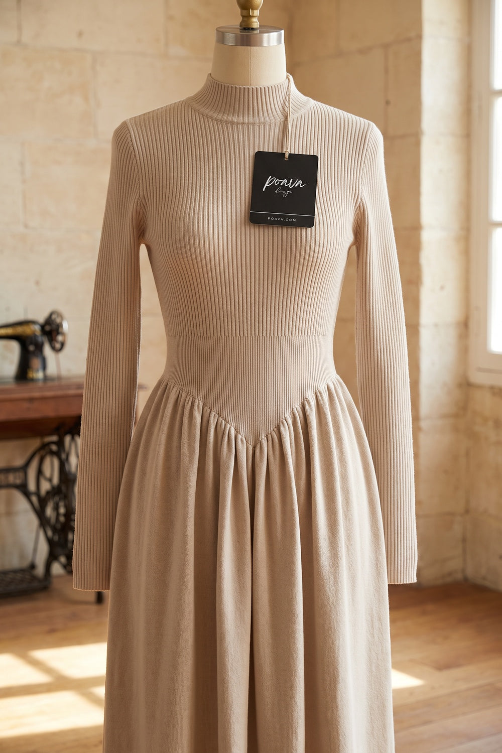 Beige Ribbed Knit Maxi Dress beige knit dress - product view 2