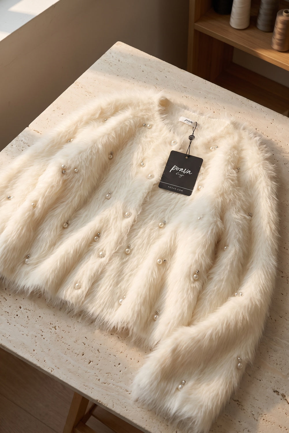 Off-White Faux Fur Shaggy Knit Cardigan With Pearl Embellishments off-white, cream faux fur / shaggy knit cardigan - product view 2