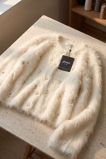 Off-White Faux Fur Shaggy Knit Cardigan With Pearl Embellishments off-white, cream faux fur / shaggy knit cardigan - product view 2