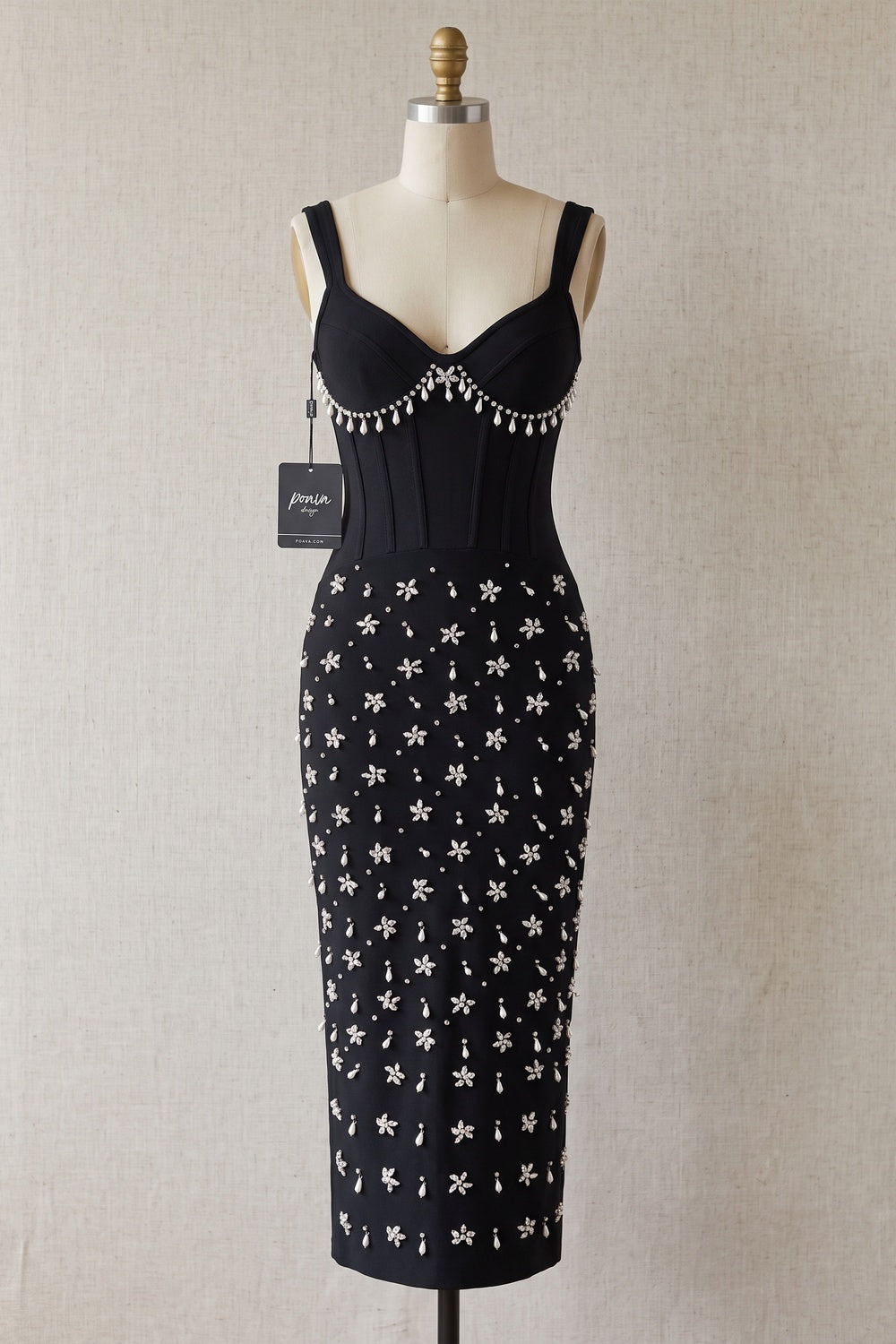 Black Sheath Midi Dress with Pearl and Crystal Fringe black heavy stretch knit midi dress - product view 2