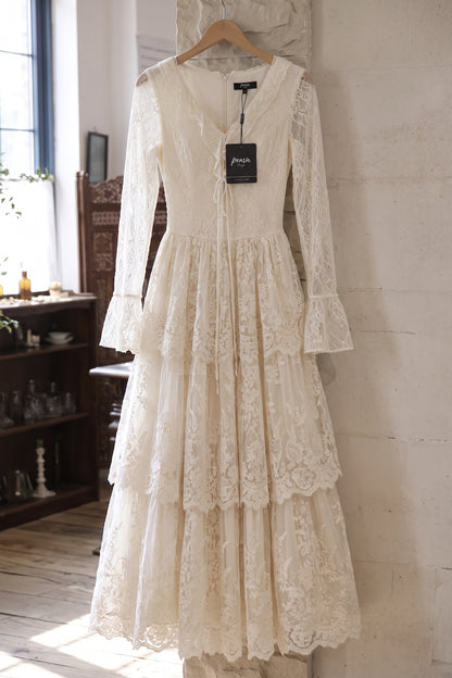 Cream Floral Lace Tiered Maxi Dress with Lace-Up Bodice cream floral lace dress - product view 2