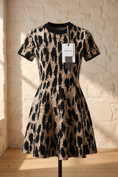 Black & Beige Abstract Leopard Print Structured Knit A-Line Mini Dress black, beige structured knit / jacquard dress - product view 2