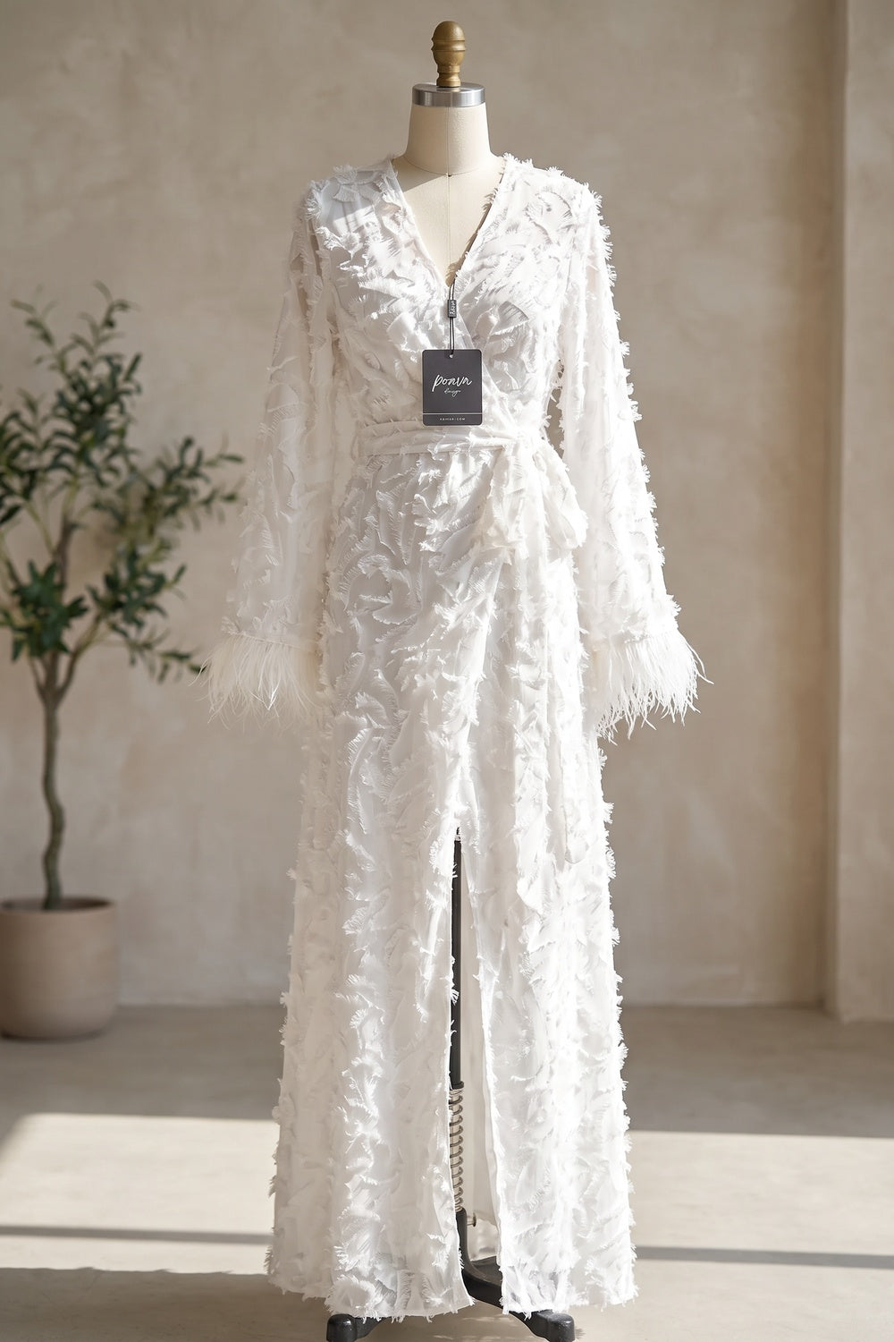 White Textured Eyelash Fabric A-Line Wrap Maxi Dress with Feather Trim white textured eyelash/shredded-ribbon fabric wrap maxi dress - product view 2