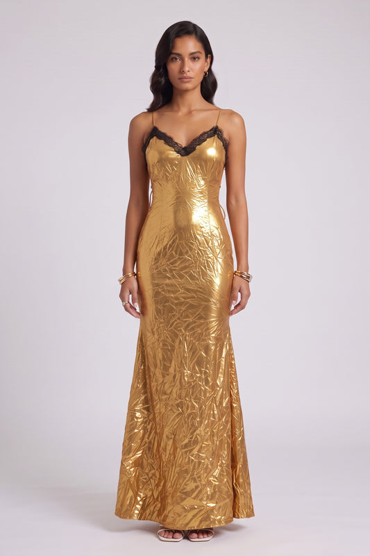 Black Lace Trim Metallic Gold Spaghetti Strap Mermaid Maxi Dress