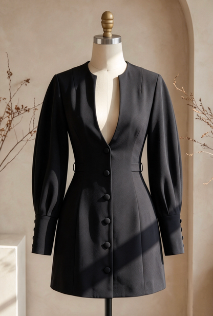Black Structured A-Line Mini Dress | Puff Sleeves & Plunge V-Neck