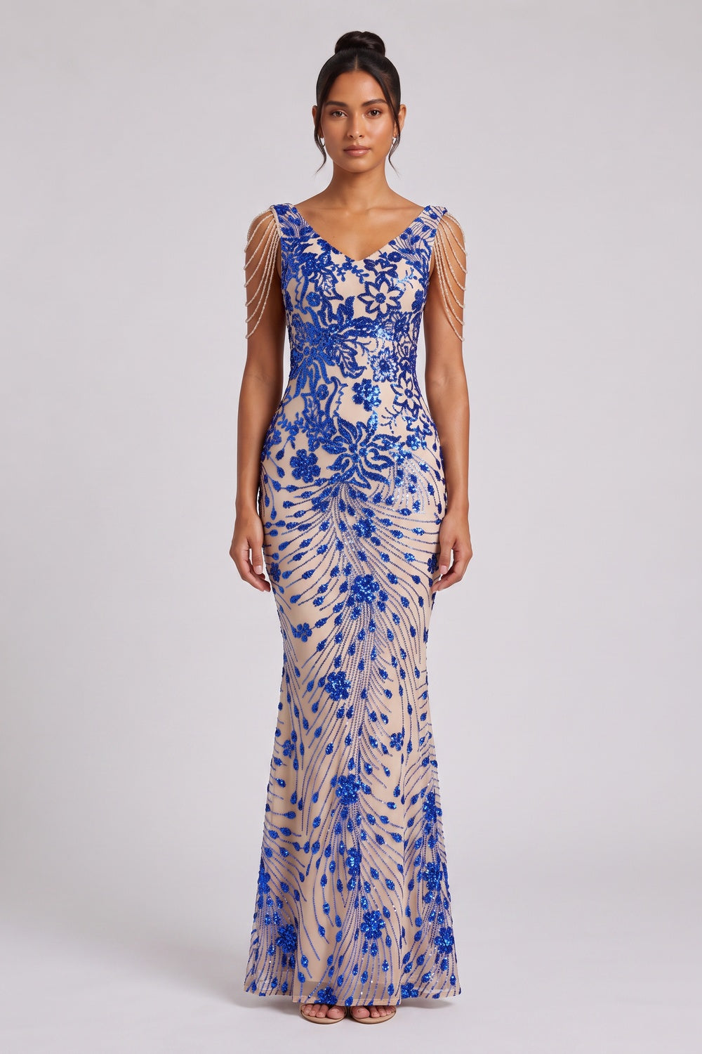 Royal Blue Sequin Embroidered Floor-Length Gown Premium Fabric - product view 1