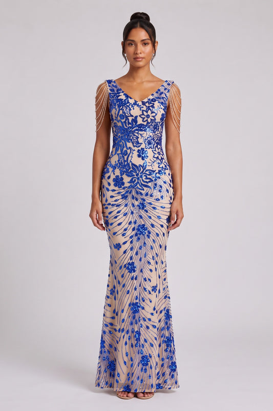 Royal Blue Sequin Embroidered Floor-Length Gown Premium Fabric - product view 1
