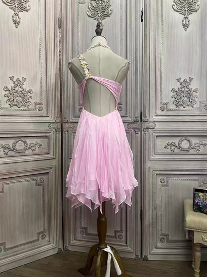 One-Shoulder Crystal Chiffon Party Dress