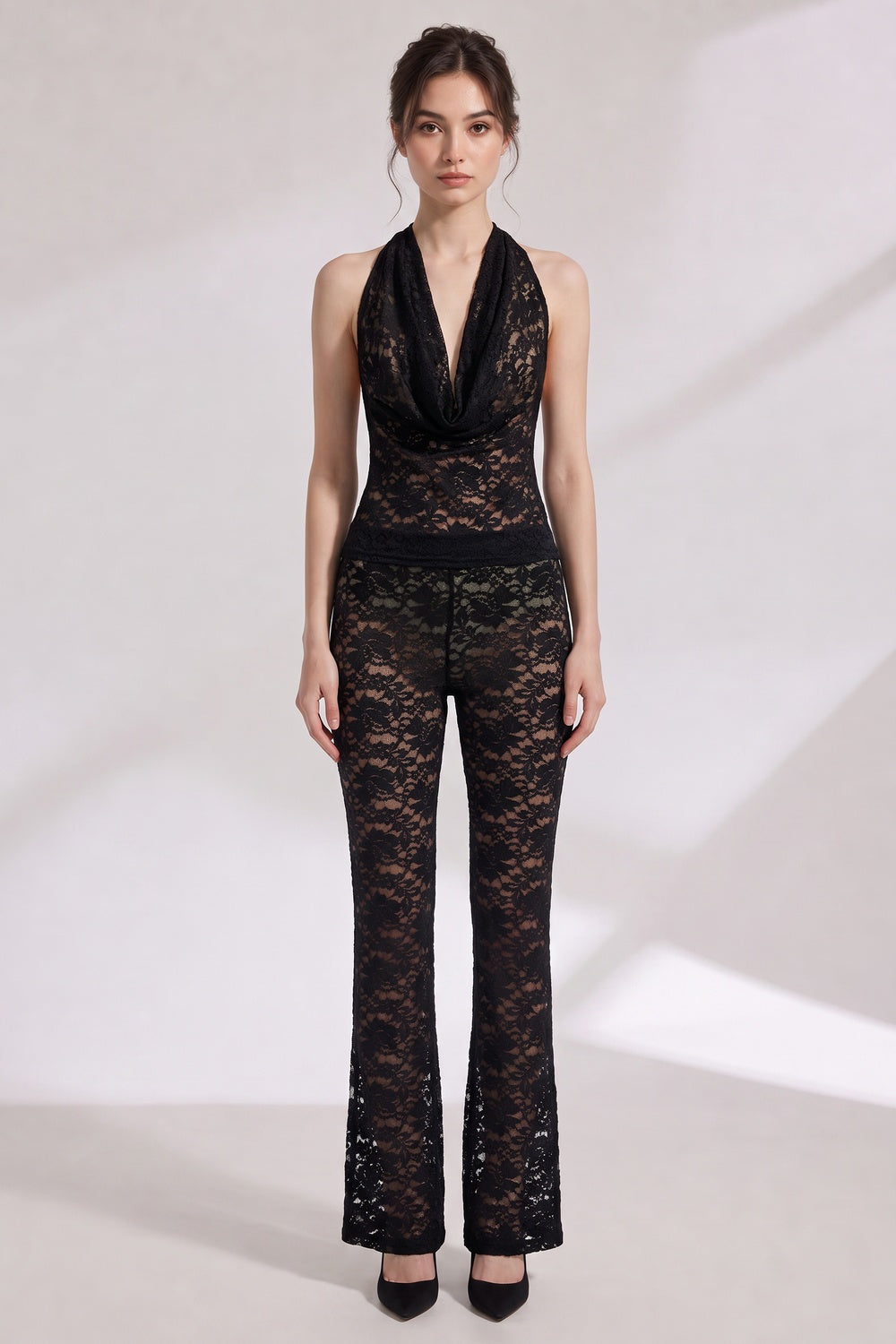 Black Sheer Floral Lace Cowl Halter Jumpsuit black sheer floral lace jumpsuit - product view 1