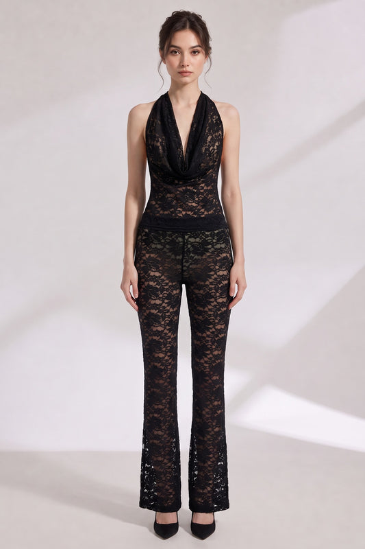 Black Sheer Floral Lace Cowl Halter Jumpsuit black sheer floral lace jumpsuit - product view 1