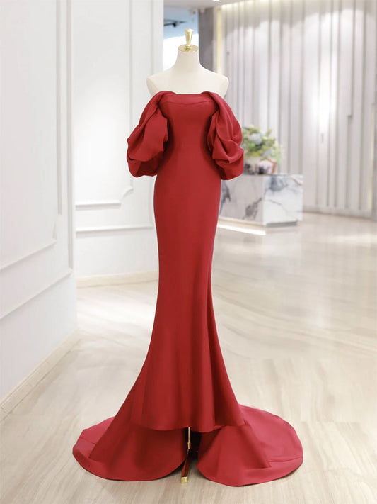 Off Shoulder Satin Dark Red Mermaid Dress