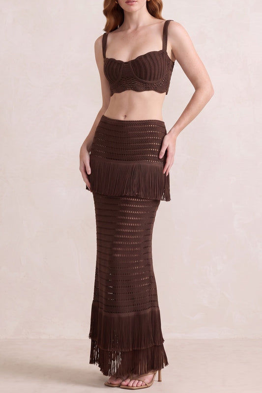 Crochet Fringe Two Piece Set, Cami Crop Top & Mermaid Maxi Skirt