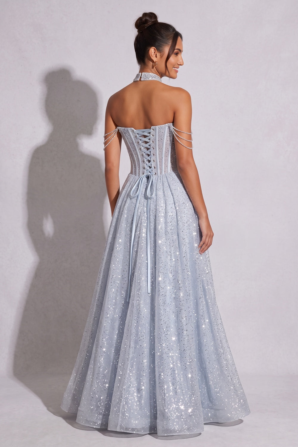 Ice blue Glitter-dusted tulle A-line Gown Ice blue, Silver Glitter-dusted tulle Gown - product view 5