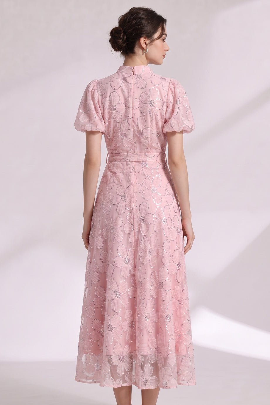 Light Pink Sheer Organza A-Line Midi Dress with Floral Applique