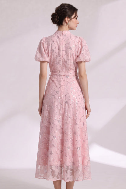 Light Pink Sheer Organza A-Line Midi Dress with Floral Applique