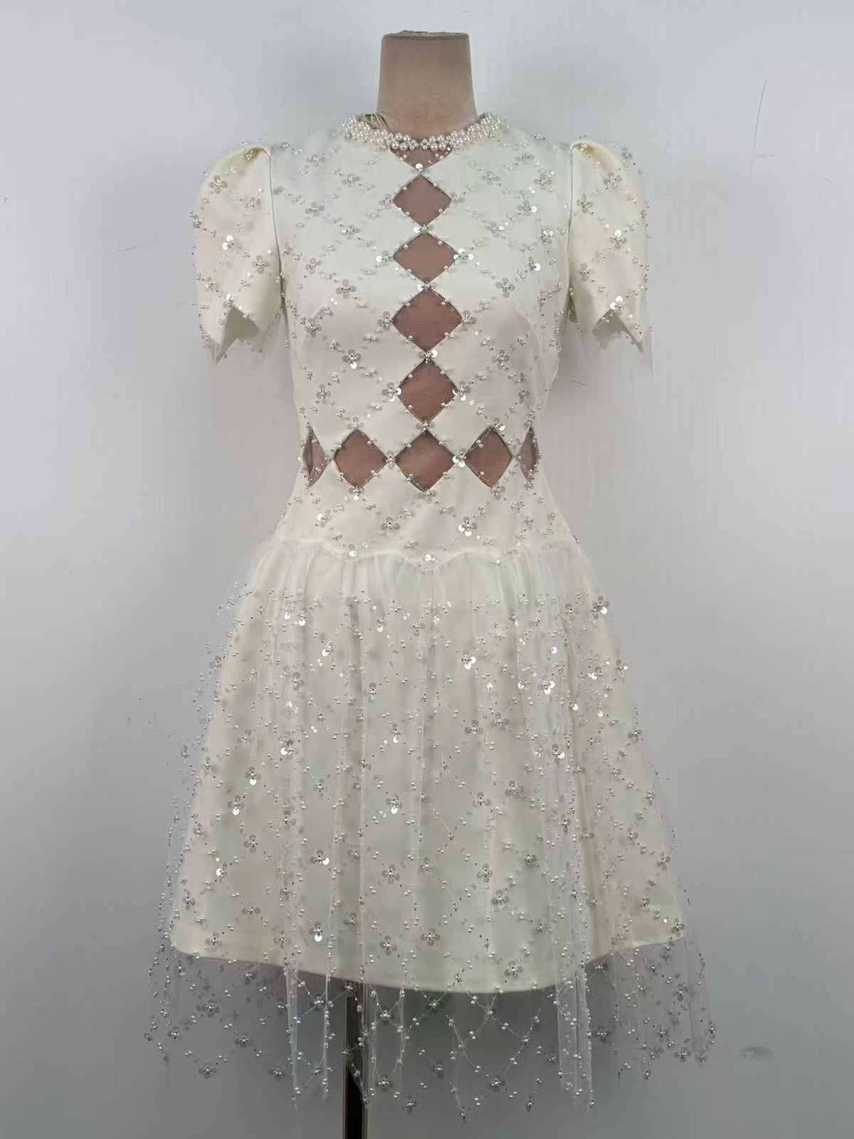 Henrietta Ivory Sequin Mini Dress with Mesh Panels