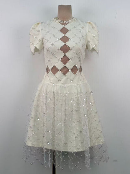 Henrietta Ivory Sequin Mini Dress with Mesh Panels