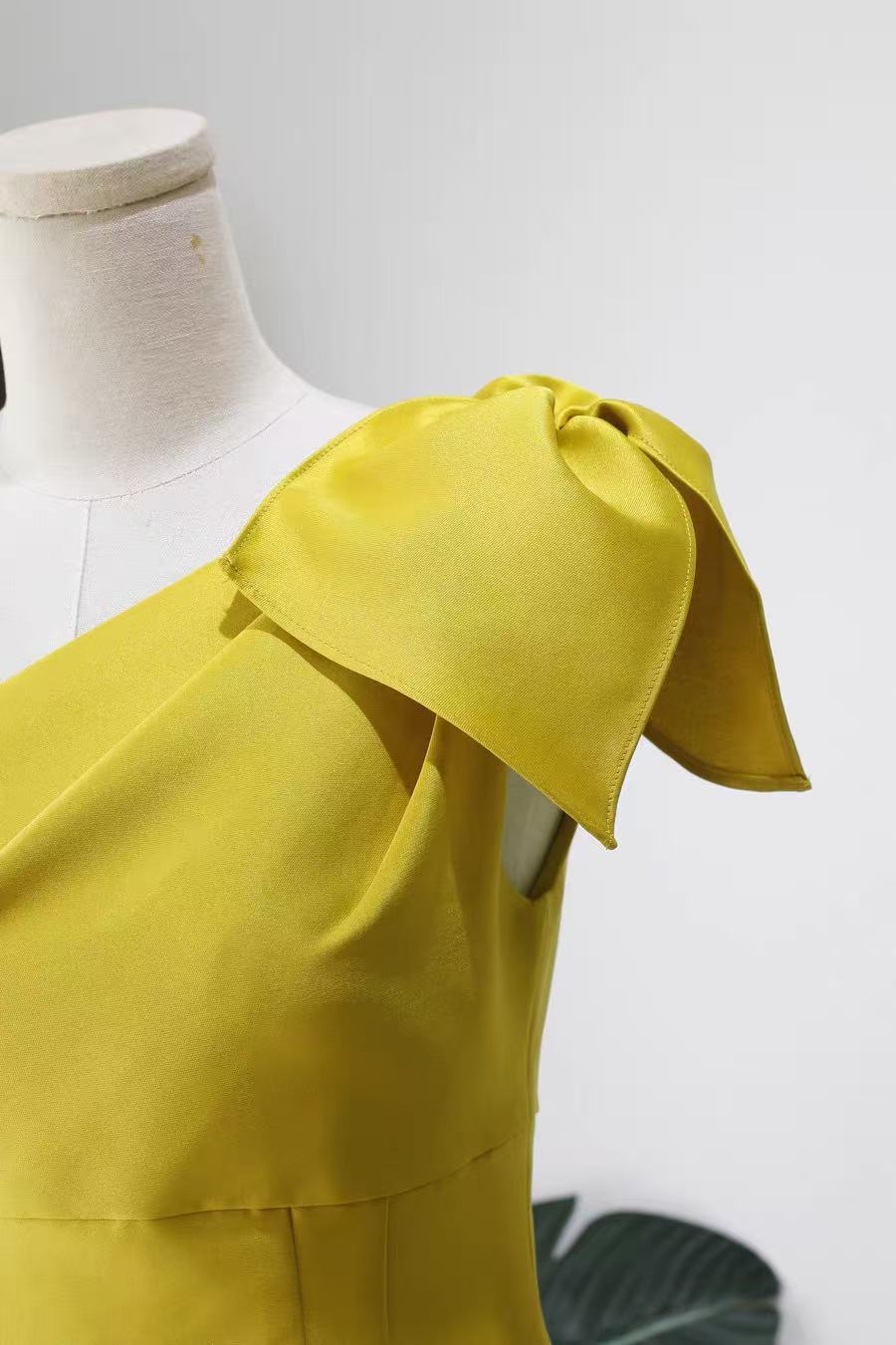 Yellow Asymmetrical Bow Satin Midi Party Dress