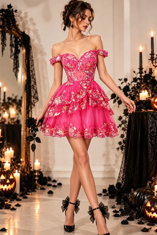 Sparkly Pink A Line Off The Shoulder Corset Tiered Lace Short Homecoming Dress
