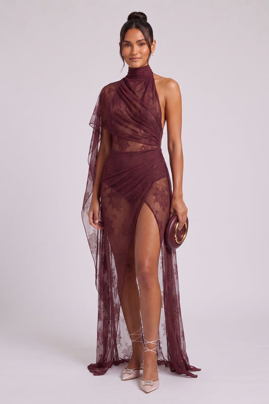 burgundy sheer floral lace asymmetrical column with bodysuit base evening gown burgundy sheer floral lace evening gown - product view 2