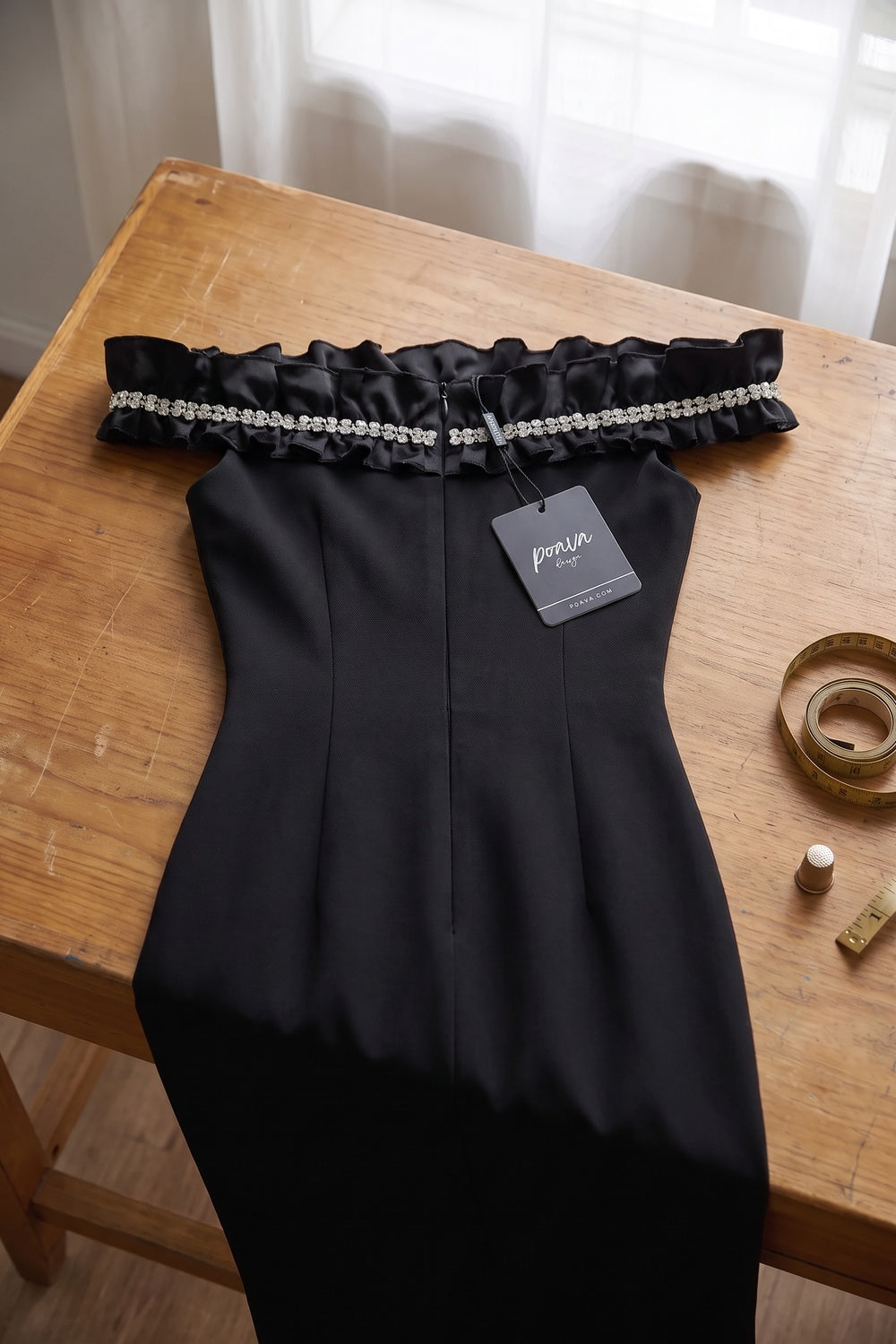 Black Structured Crepe Column Gown with Rhinestone Ruffle black structured crepe gown - product view 4