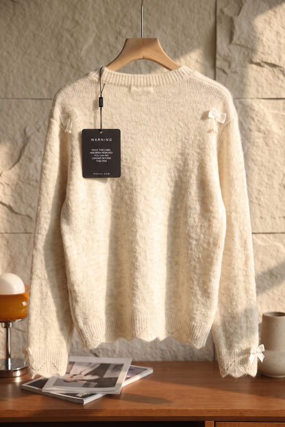 Cream Mohair-Blend Knit Sweater with Pearl and Ribbon Details cream, off-white mohair-blend knit sweater - product view 4