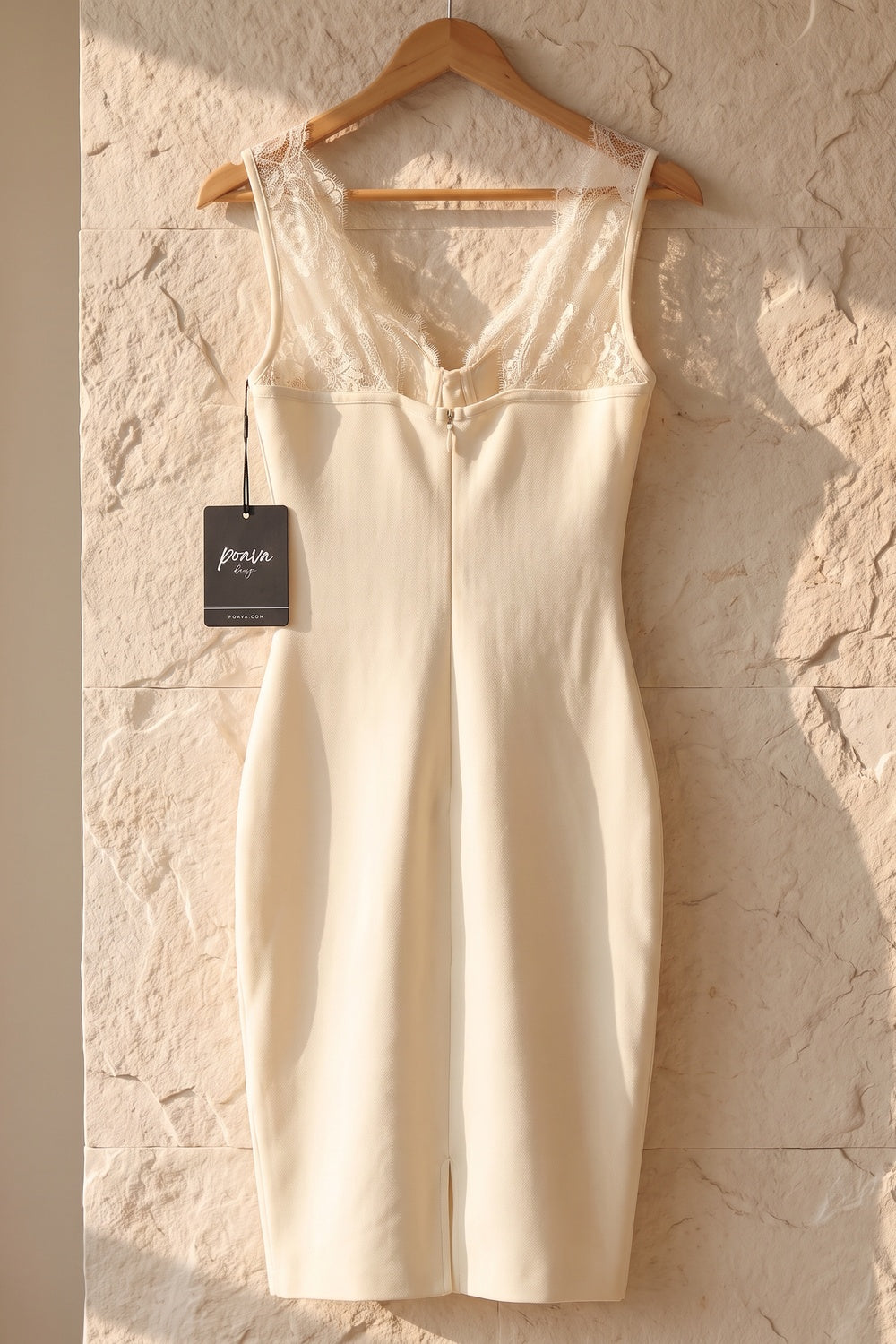 Cream Bodycon Sheath Dress with Lace Bodice cream heavy stretch knit dress - product view 4
