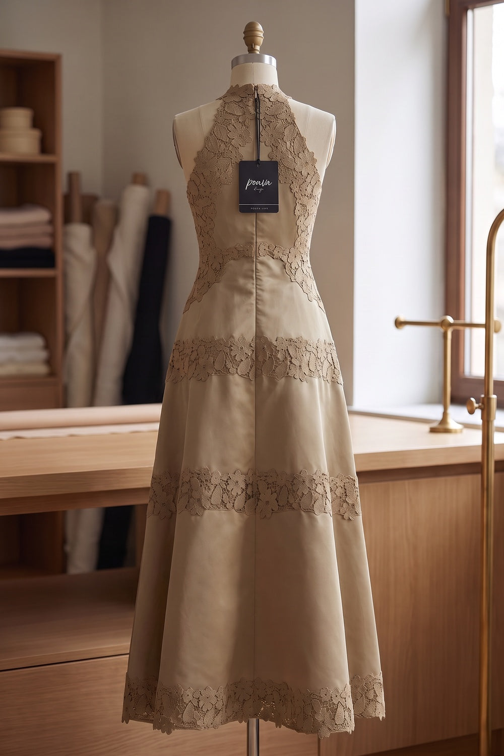 Taupe Structured Satin A-Line Midi Dress with Lace Band Detail taupe structured satin or taffeta dress - product view 4