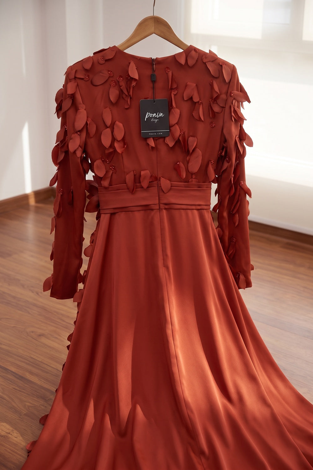 Rust Red Satin-Crepe A-Line Evening Gown with 3D Leaf Appliqués rust red satin-crepe evening gown - product view 4
