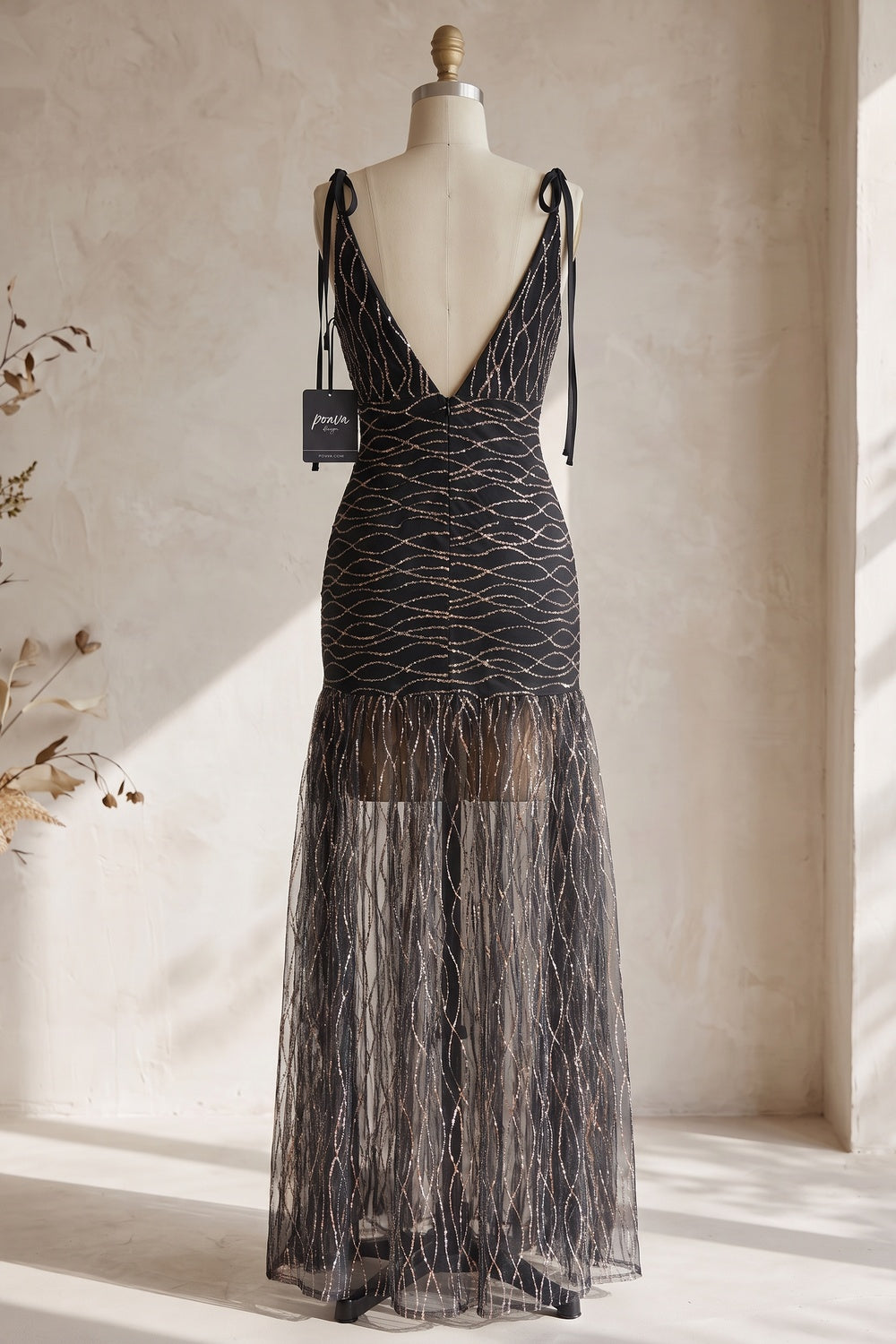 Black Tulle Mermaid Evening Gown with Sheer Flared Lower Skirt black tulle evening gown - product view 4