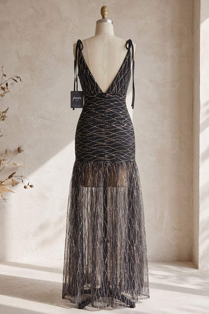 Black Tulle Mermaid Evening Gown with Sheer Flared Lower Skirt black tulle evening gown - product view 4