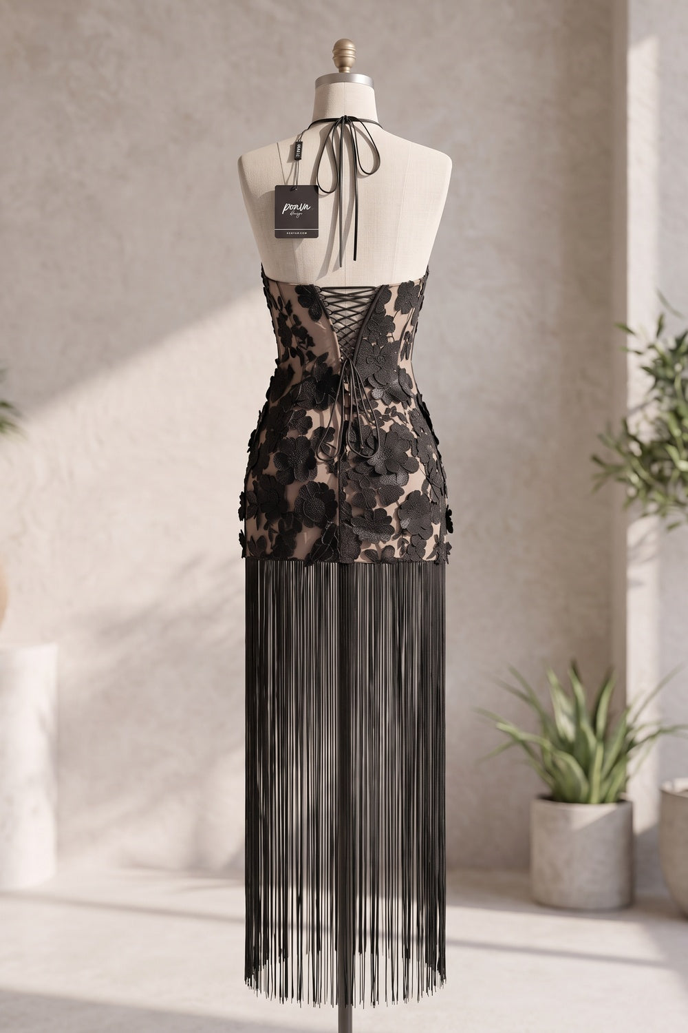 Black Floral Lace Applique Mesh Fitted Halter Mini Dress with Floor-Length Fringe black floral lace applique mesh dress - product view 4
