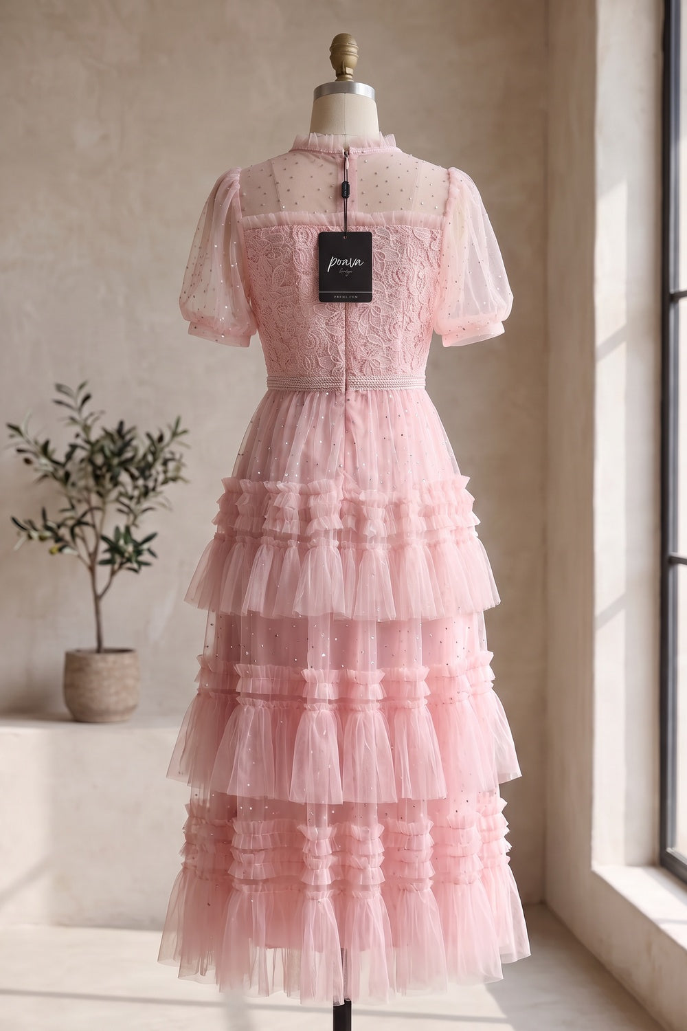 Light Pink Tulle A-Line Tiered Midi Dress light pink tulle midi dress - product view 4