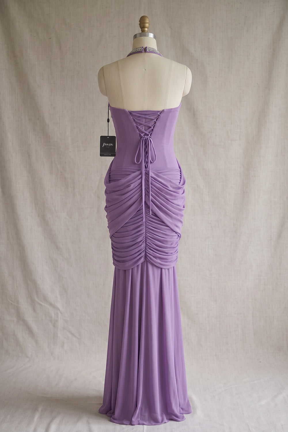 Lavender Mesh Jersey Mermaid-Column Draped Overlay Gown lavender mesh jersey gown - product view 4