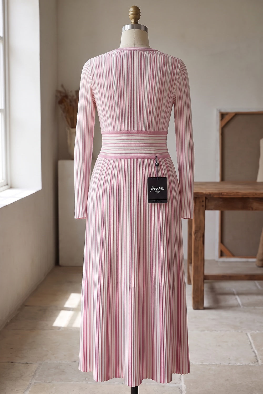 Light Pink Striped Ribbed Knit Fit-and-Flare Dress light pink, white ribbed knit dress - product view 4