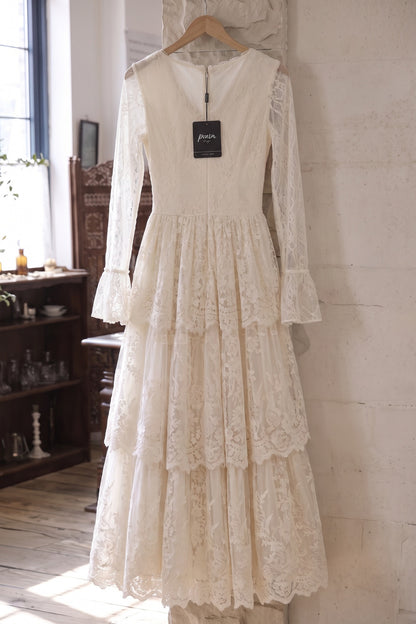 Cream Floral Lace Tiered Maxi Dress with Lace-Up Bodice cream floral lace dress - product view 4