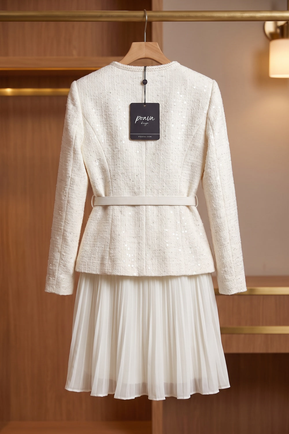 Off-White Tweed Skirt Suit Set with Peplum Jacket and Pleated Mini Skirt off-white, cream tweed skirt suit set - product view 4