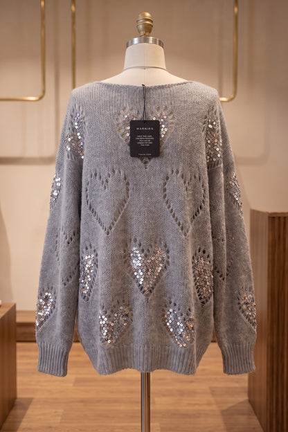 Grey Oversized Slouchy Sweater with Sequin Heart Motifs grey chunky knit yarn sweater - product view 4